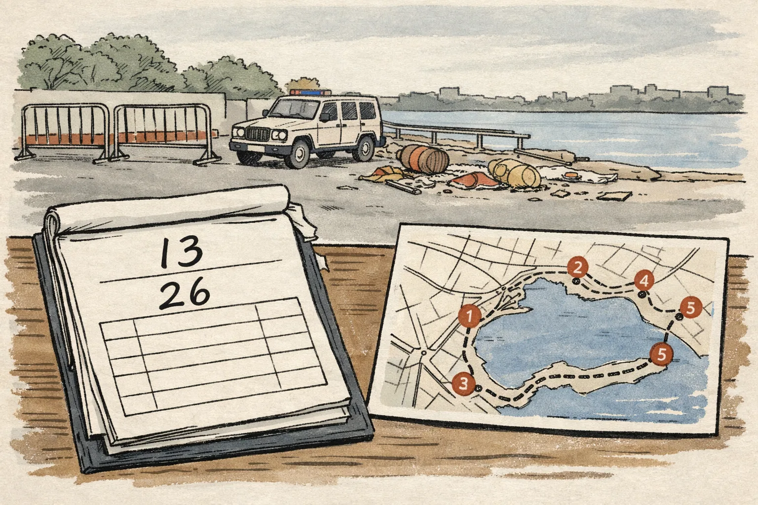 A sombre illustrated desk holds a casualty ledger marked 13 and 26 with blank rows and missing pages, beside an incomplete immersion-route map; a quiet Telangana roadside and waterbody appear in the background.
