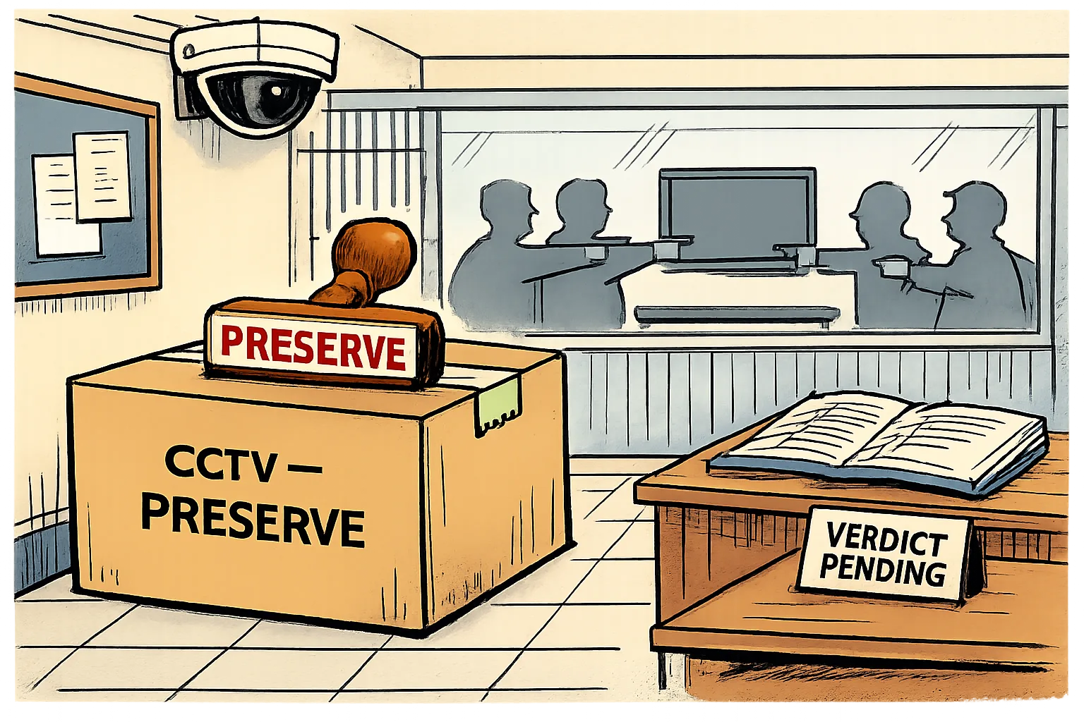 A cartoon inside a Saifabad police-station corridor shows a CCTV camera above a sealed box marked “CCTV — PRESERVE” and a court stamp marked “PRESERVE”, while anonymous officials argue behind a glass partition beside a monitor labelled “VERDICT PENDING”.
