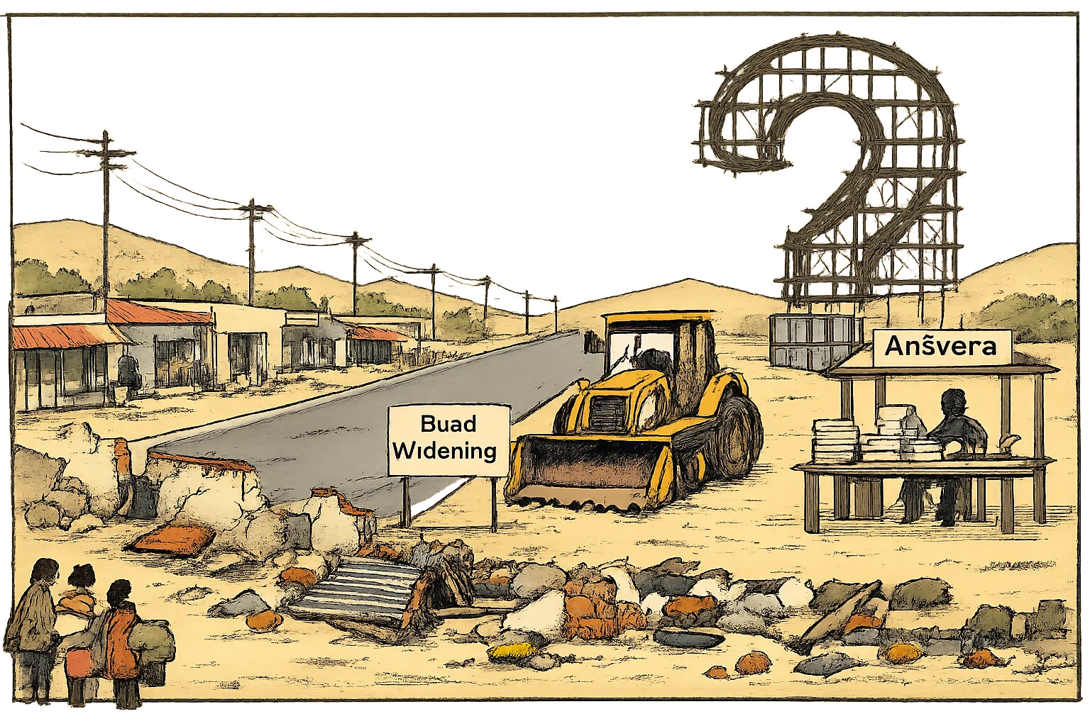 A widened dusty road beside demolished house and shop fronts, with a bulldozer in the foreground and a tiny unfinished government office labelled ‘Answers’ beneath a skeletal question-mark structure.