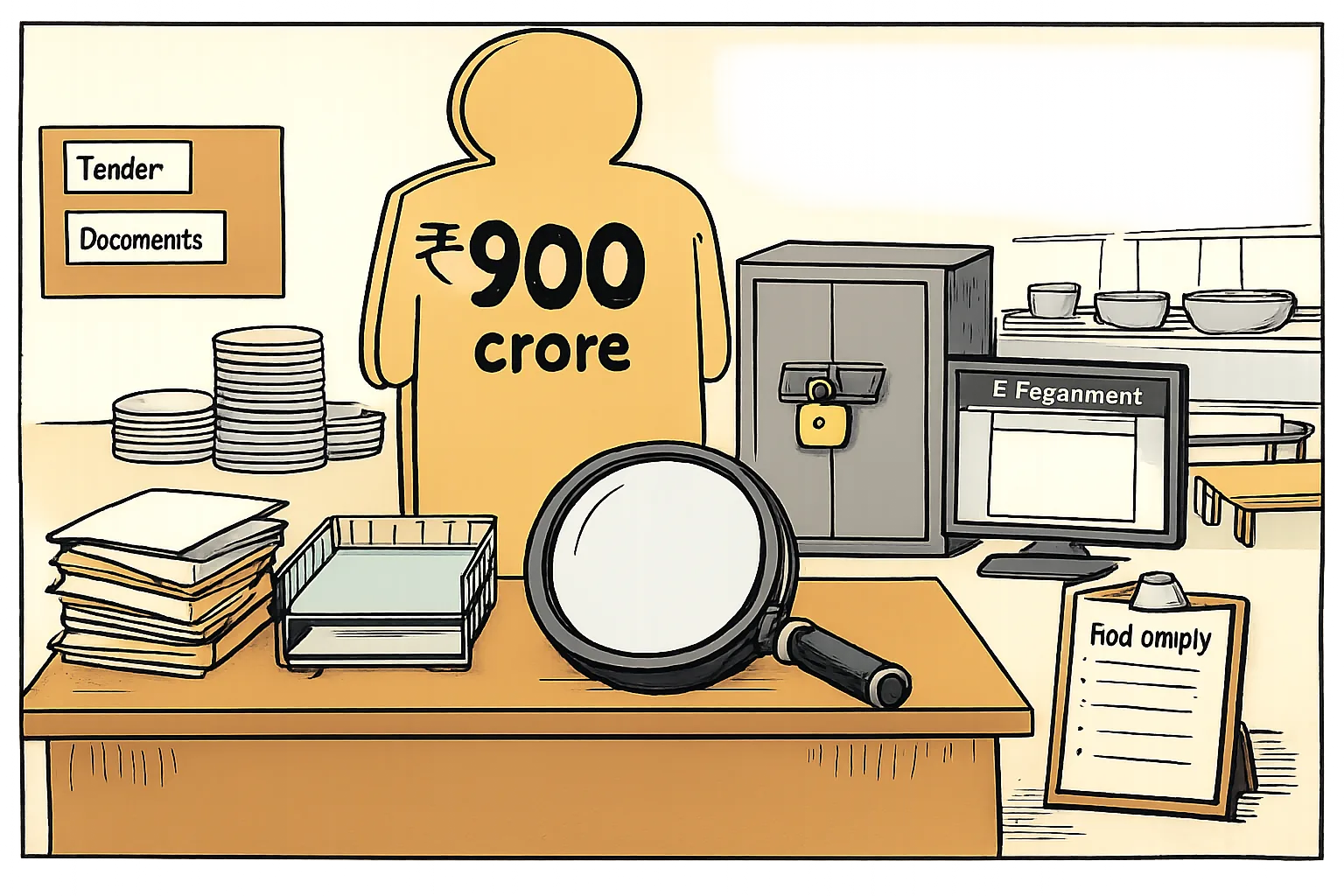 An oversized ₹900 crore label looms over a government desk with blank folders, an empty file tray, a locked records cabinet and a blank e-procurement screen, with empty dining tables in the background.