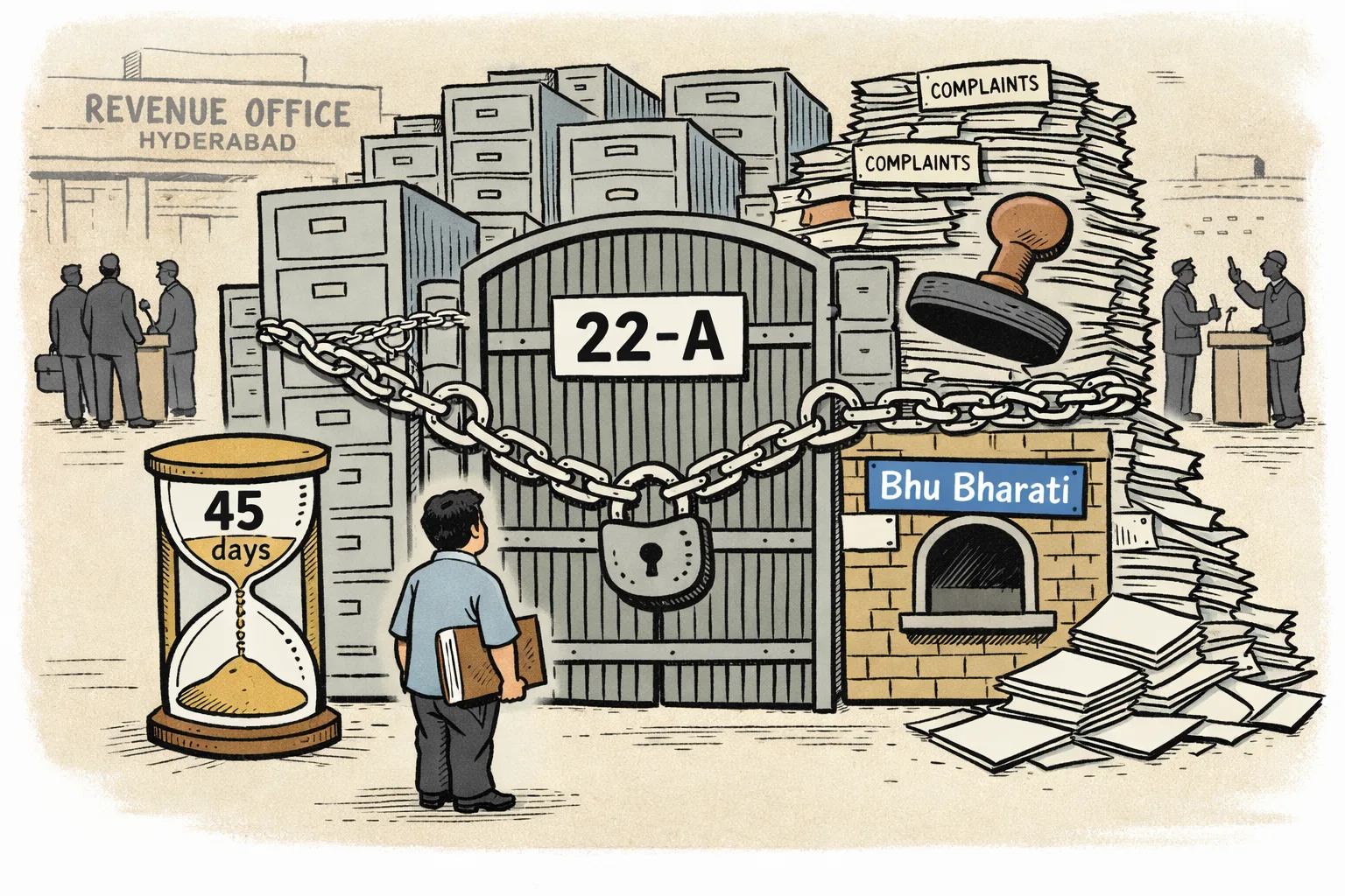 A landowner with property papers faces a huge 22-A gate formed from filing cabinets and forms, beside a nearly empty 45-day hourglass and a crowded Bhu Bharati complaint counter outside a Telangana government office.