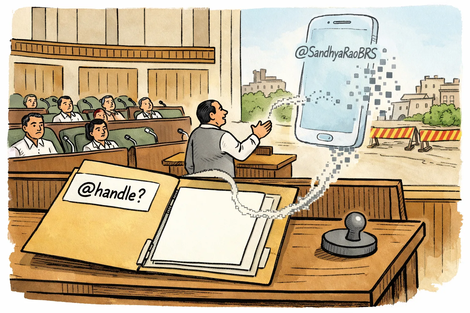 Inside the Telangana Legislative Assembly, a large empty evidence file and unused verification stamp sit beneath a fading ghost-like smartphone labelled with an X handle, while an unidentifiable official gestures toward it.