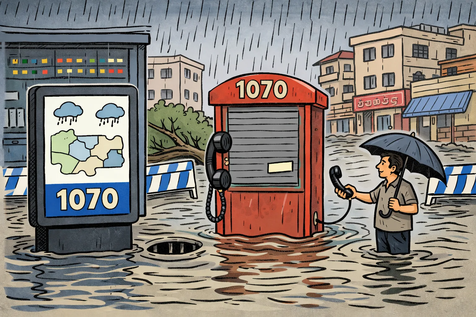 A bright civic information kiosk marked 1070 stands beside a shuttered emergency telephone booth on a flooded Hyderabad street, with a fallen tree, barricades and a waiting resident under an umbrella.