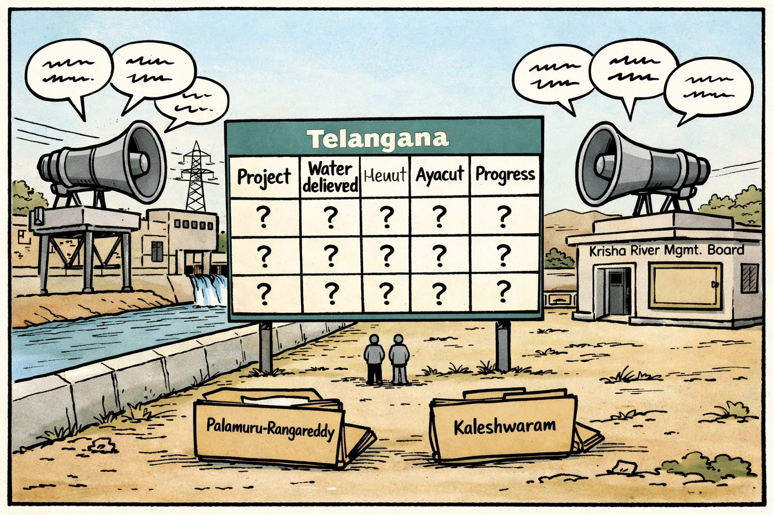 A blank irrigation scoreboard stands beside a Telangana canal while two loudspeakers face each other; closed project files lie at its base and a pump house and dry landscape appear behind them.