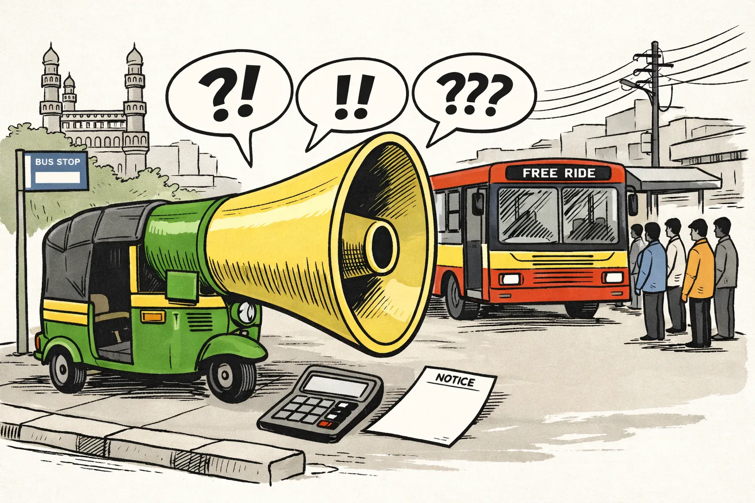A Telangana city bus marked “FREE RIDE” moves along a Hyderabad street while a large auto-rickshaw-shaped megaphone beside it broadcasts speech bubbles made only of question marks and exclamation marks; a calculator and a blank strike notice lie on the pavement.
