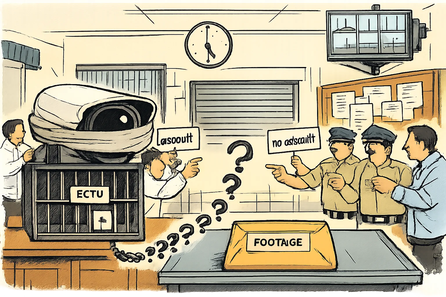 Inside a Hyderabad police-station corridor, a gagged CCTV camera sits behind a locked grille while opposing groups point at it and a sealed envelope marked “FOOTAGE” lies on a desk.