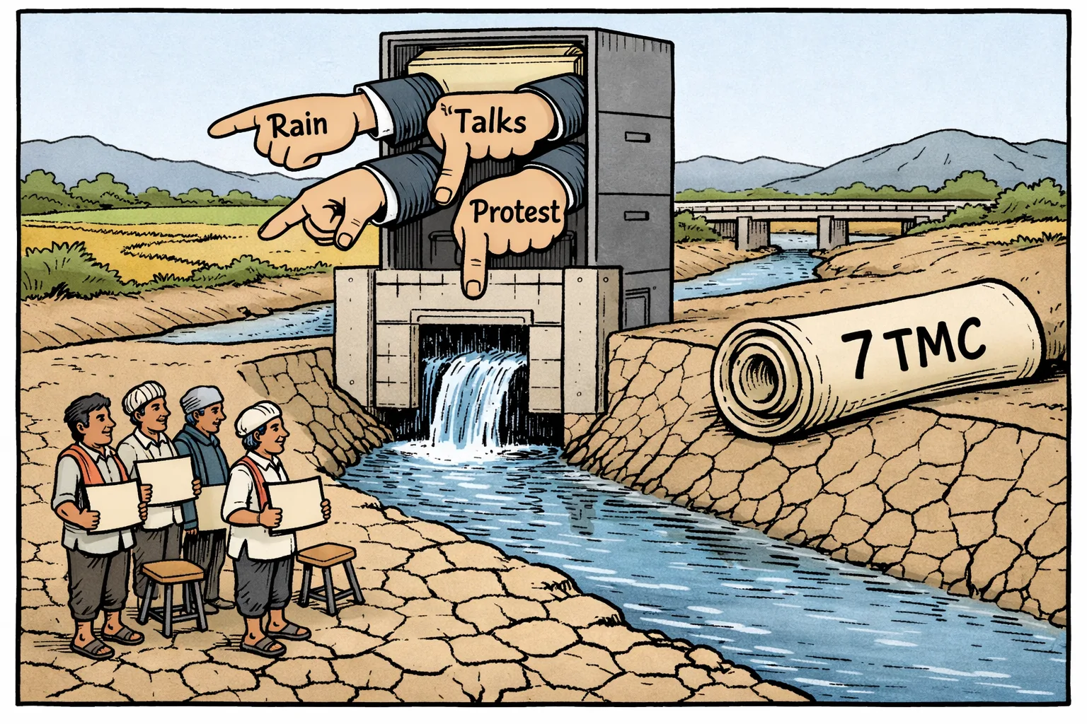 Farmers stand beside the Jurala right canal as a narrow stream enters through a sluice gate, while pointing official hands surround an empty water gauge and a rolled scroll marked 7 TMC.