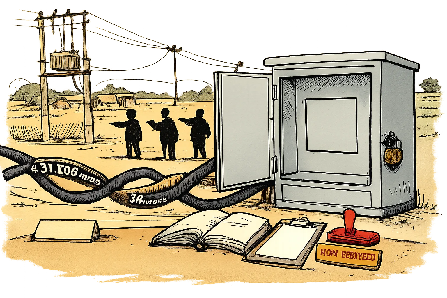 In a rural Telangana setting, tangled cables carrying competing electricity claims lead to an empty locked meter cabinet beside a blank audit ledger and an official clipboard.