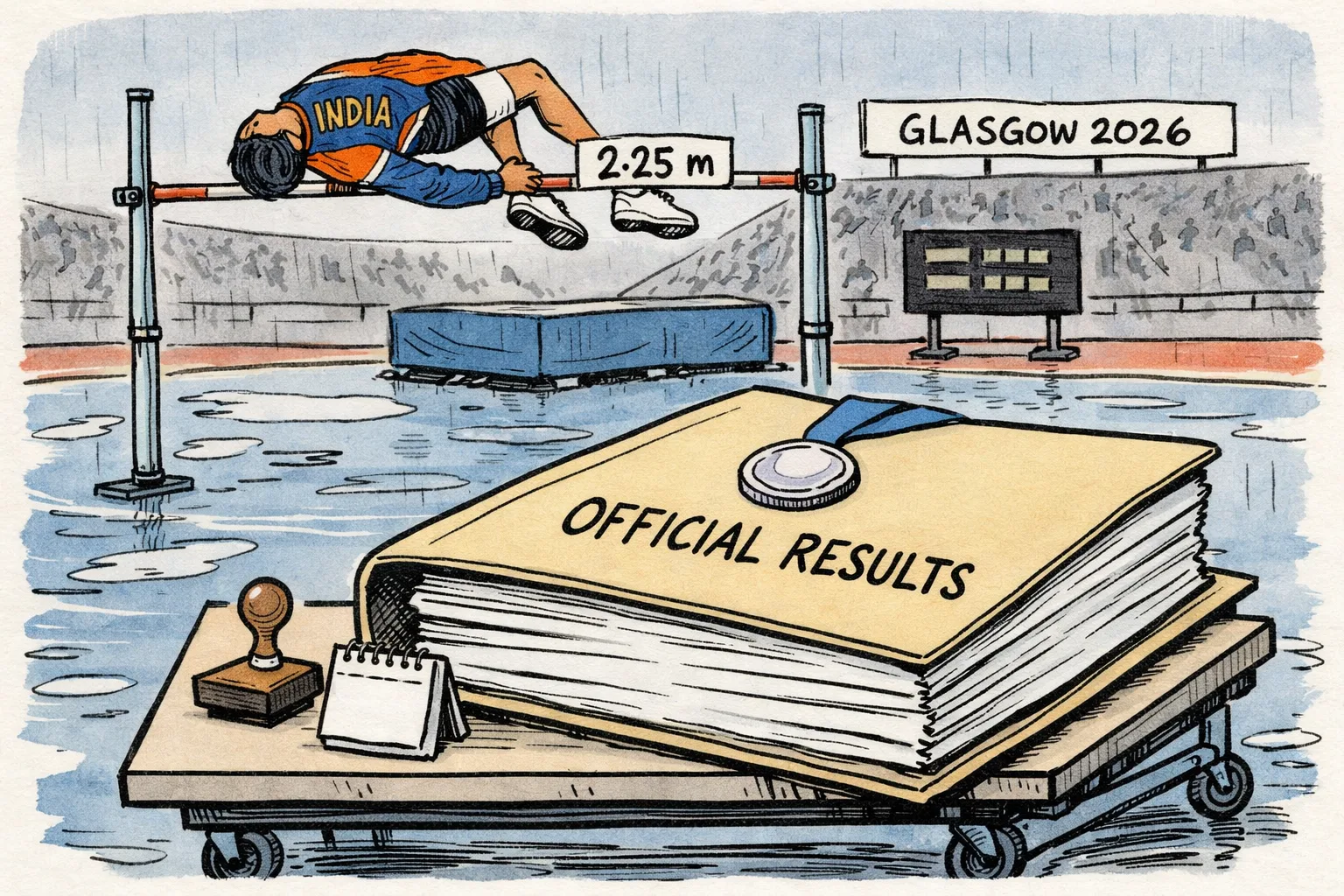 A high-jumper sails over a 2.25-metre bar while, below, a giant official results folder sits unopened on a wet athletics track; two medal stands marked silver and gold wait nearby.