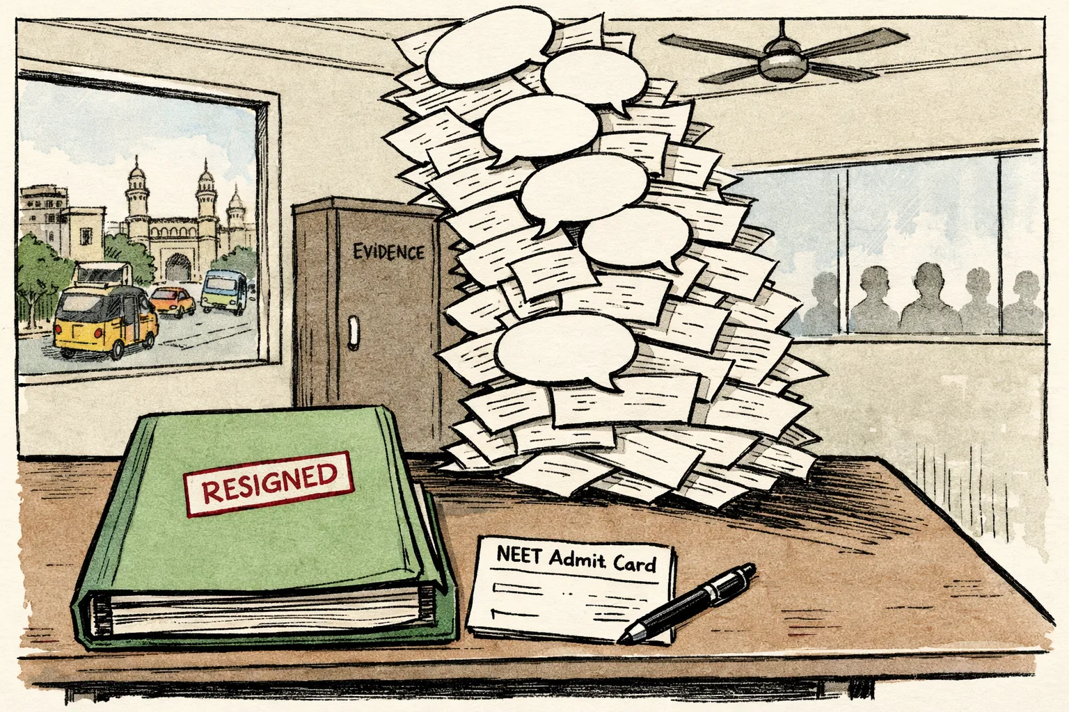 A large Union government file marked with a simple resignation seal sits on a desk, while a much taller stack of blank speech balloons rises behind it beneath a BJP office-style noticeboard; a student exam admit card and Hyderabad street details appear in the foreground.