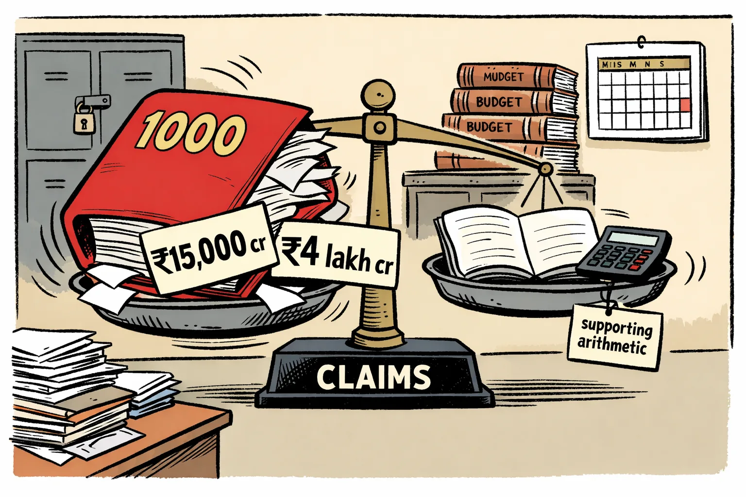 A huge file marked 1000 and loose rupee-number cards outweigh an almost empty ledger and calculator on a scale in a Telangana-style government records room.