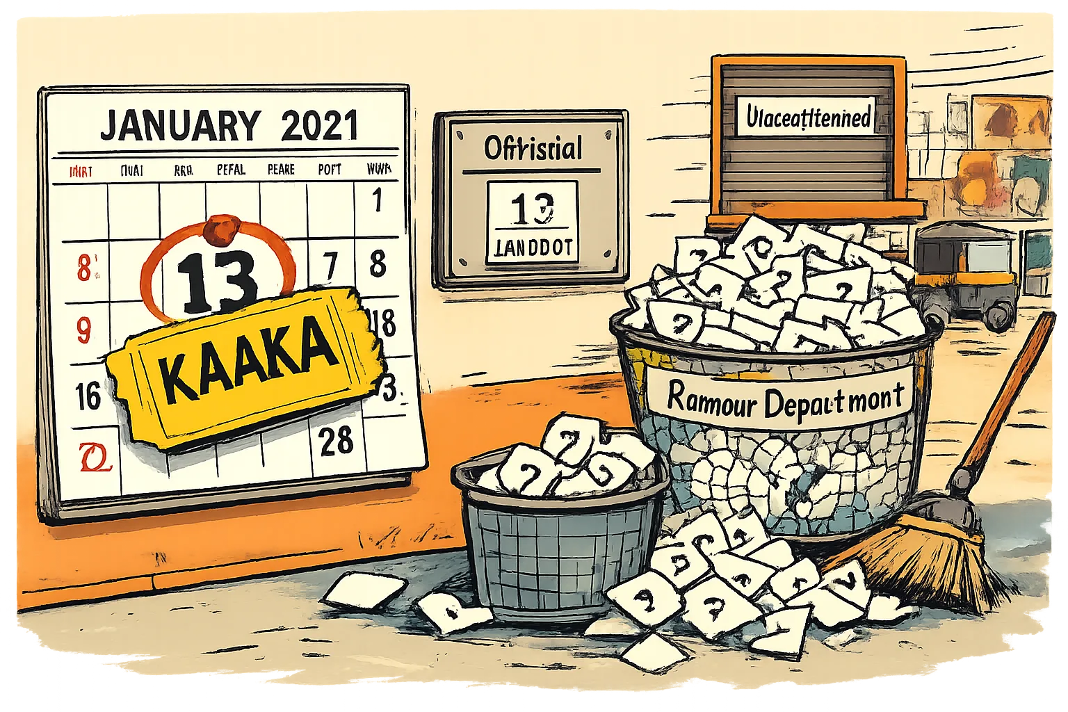 A cartoon cinema booking office shows a firmly pinned Kaaka ticket for January 13, 2027 beside a rumour basket overflowing with question-mark papers being swept away.