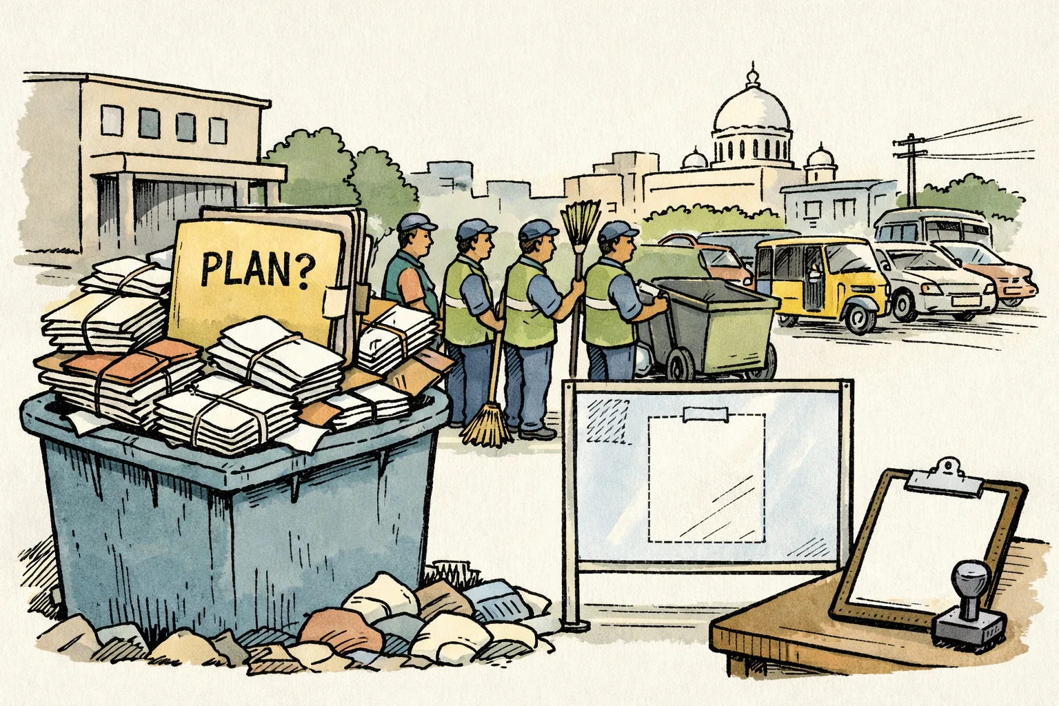A blank municipal noticeboard stands behind an overflowing garbage bin filled with official files, while sanitation workers with empty collection carts wait nearby on a Hyderabad street.