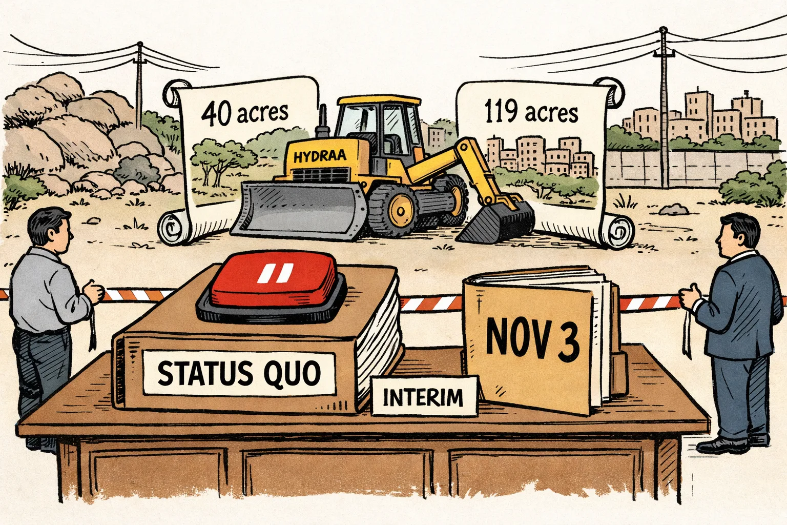 A paused bulldozer stands between two conflicting survey maps beside a courtroom desk holding a status quo file and a file marked November 3, with Hyderabad’s rocky landscape in the background.