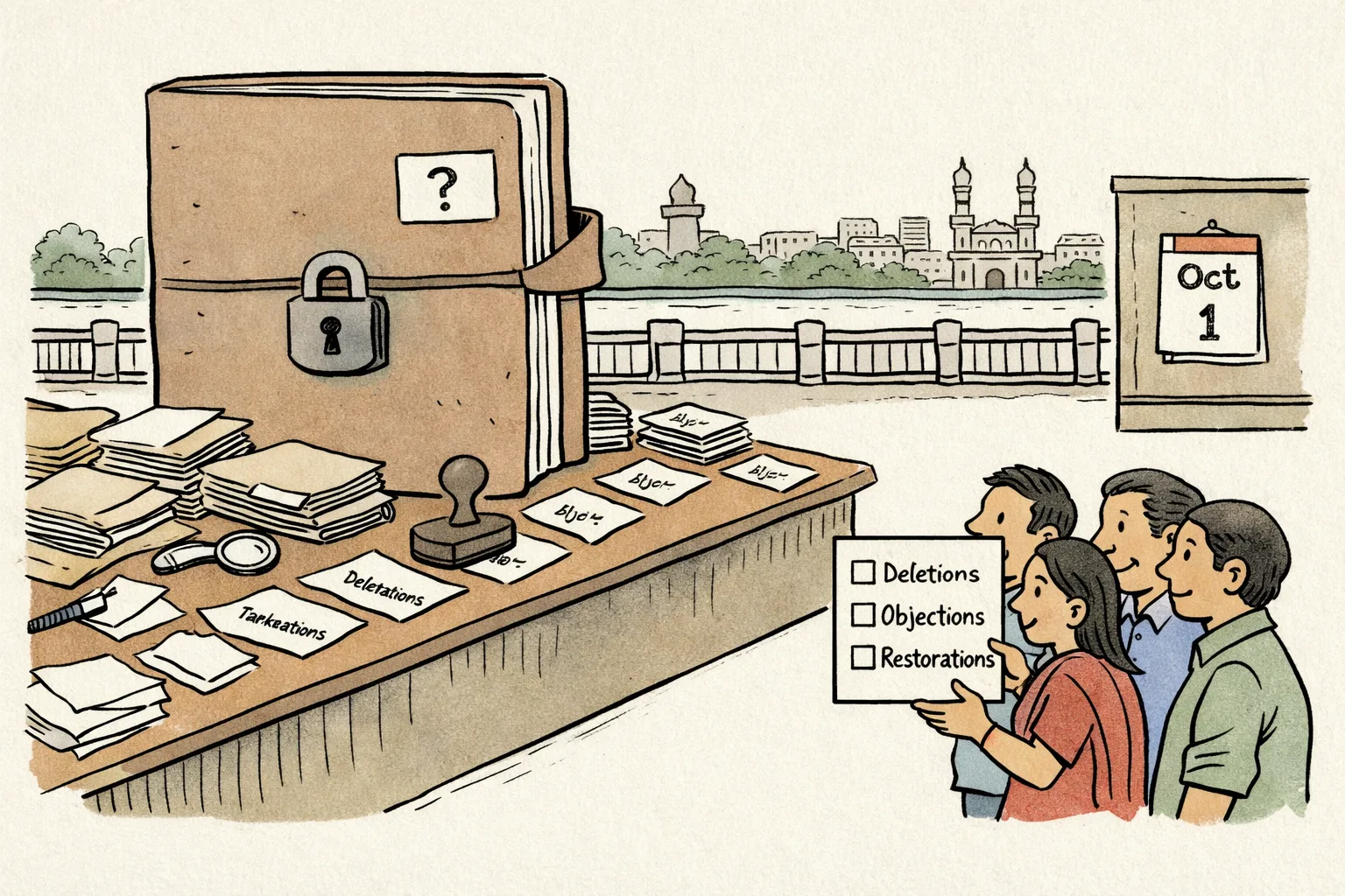 A locked election file and repeated unanimous stamps sit behind a counter while a group of voters asks for blank data forms in a Telangana city setting.