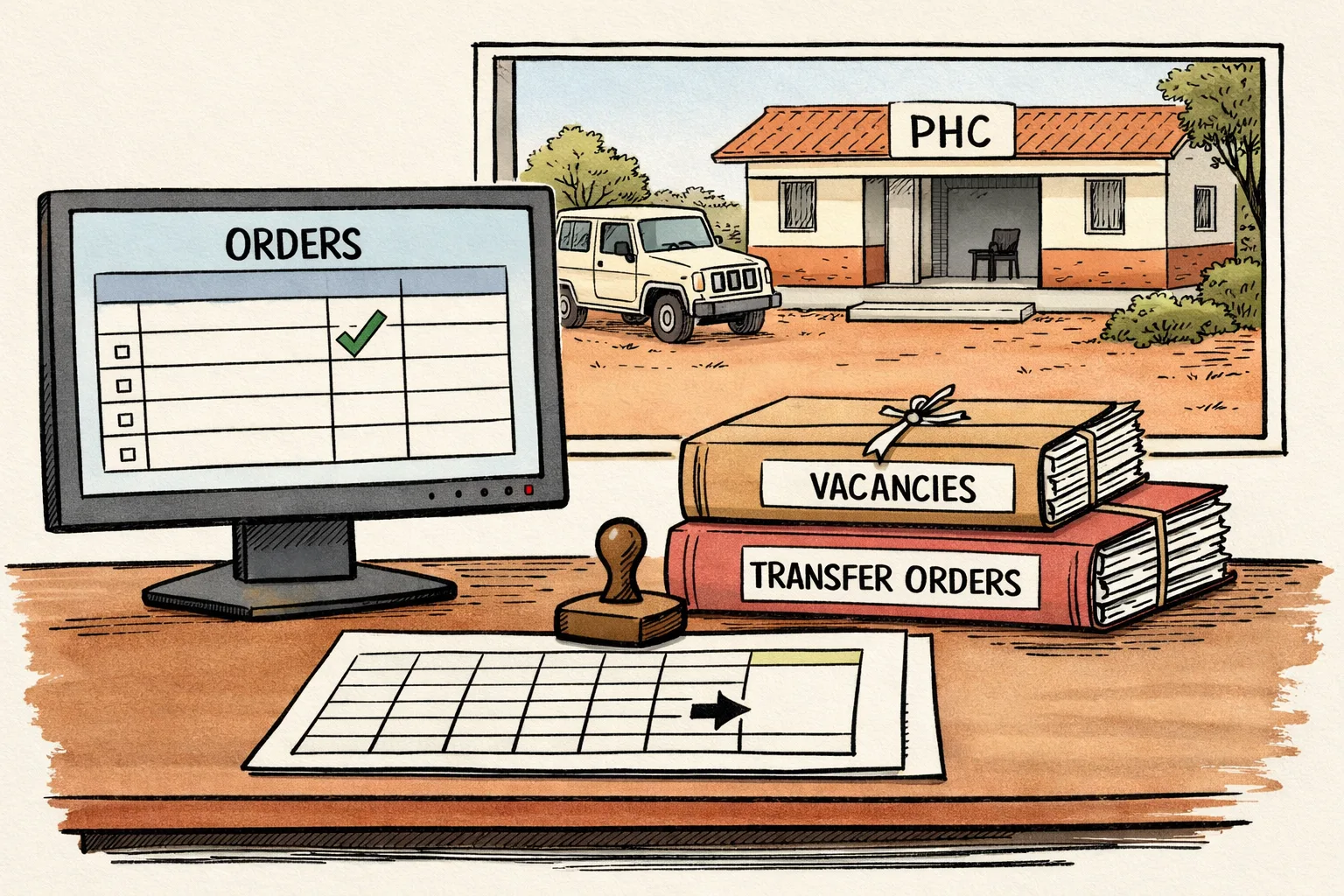 A Telangana health department office desk holds a neat stack of transfer orders and vacancy lists beside a glowing computer portal, while an empty rural primary health centre stands in the background behind a transparent file cabinet.