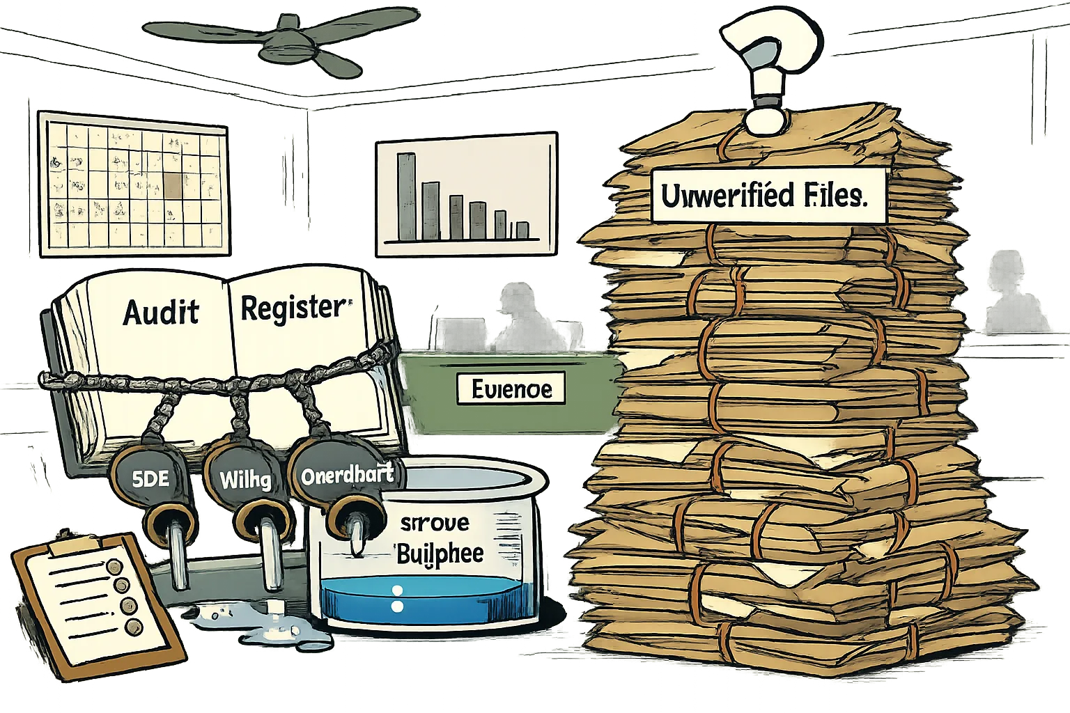 A Telangana government office cartoon shows pipes labelled SDF, WMA and overdraft feeding a nearly empty cash tank beside a completed audit ledger and an oversized pile of files topped by a question mark.