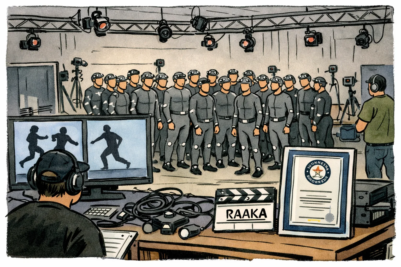 A motion-capture studio with performers in tracking suits, cameras and digital character screens, with a Guinness-style certificate on a production table.