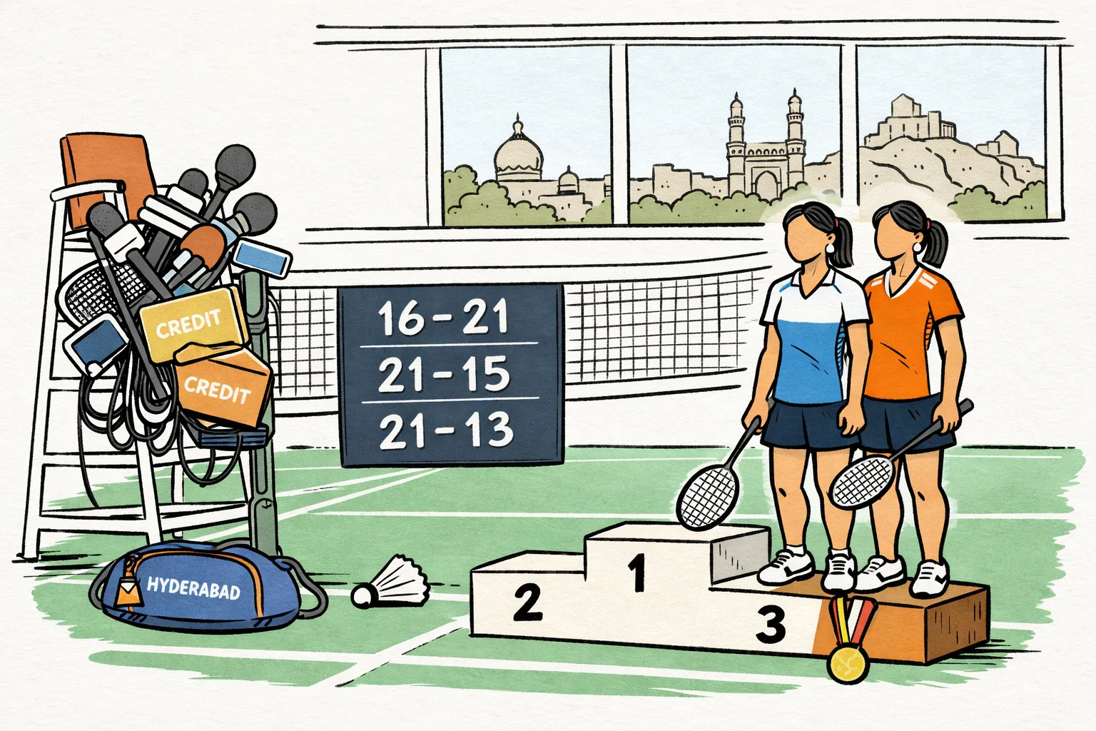 Two badminton players stand beside a three-step podium in an indoor court while a scoreboard shows 16–21, 21–15, 21–13 and tangled microphones and credit folders sit behind the net.