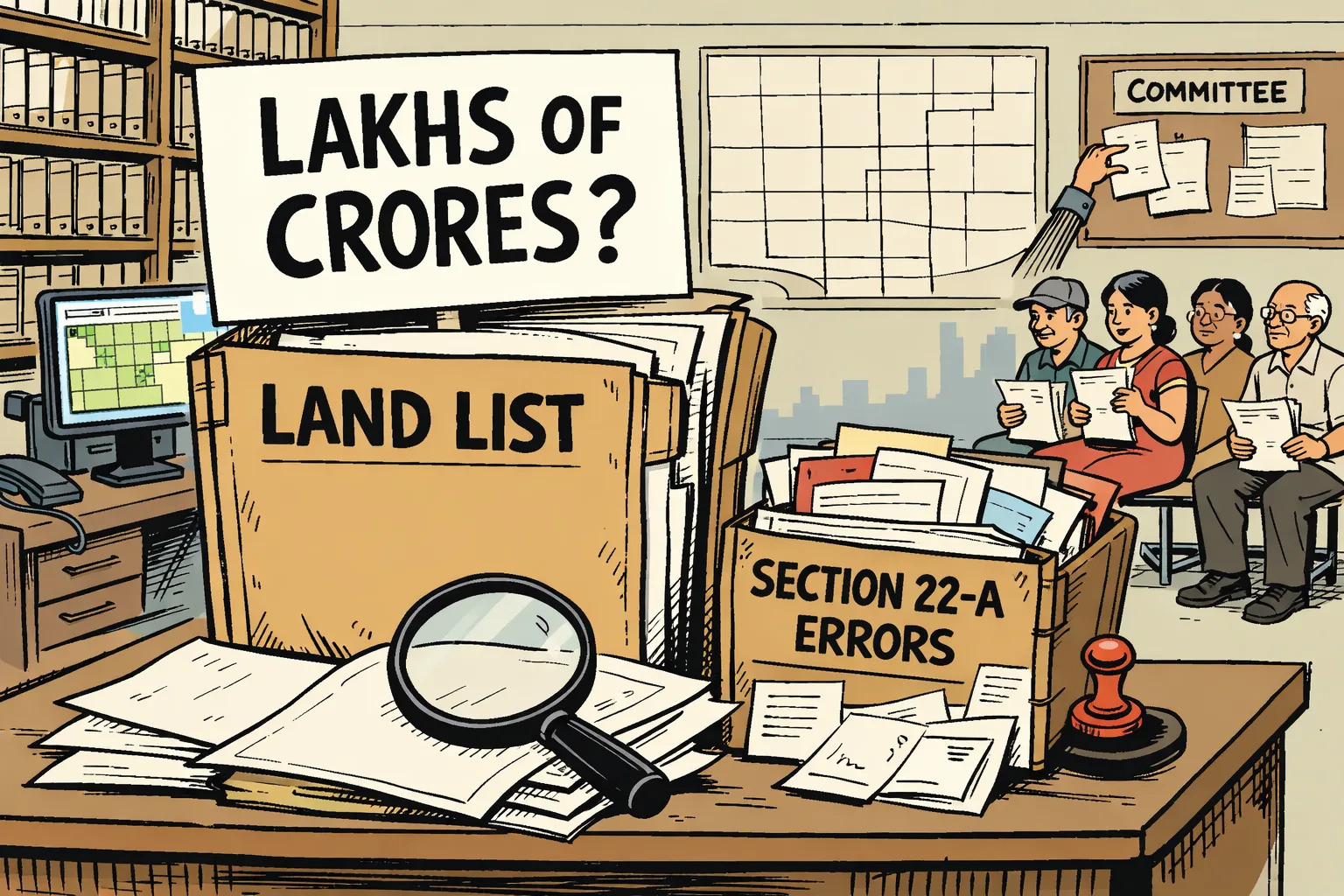 A Telangana government records room shows a giant empty land-list folder supporting an oversized “LAKHS OF CRORES?” placard, beside a smaller file of Section 22-A error documents and correction forms.