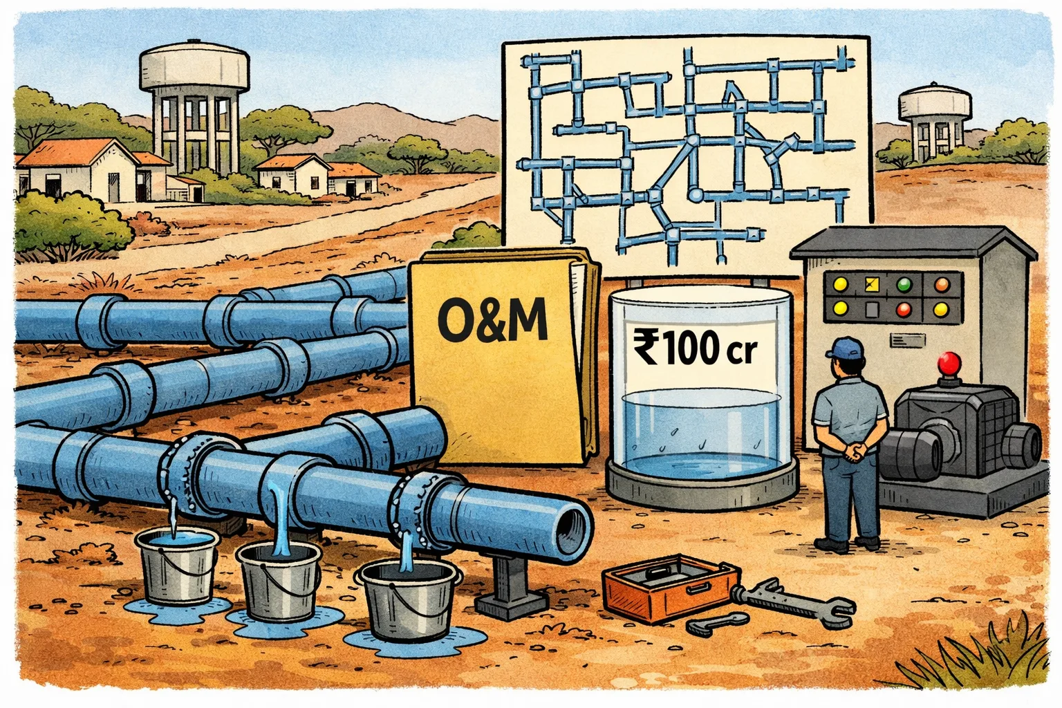 A huge Telangana drinking-water pipeline network runs across a rural landscape, but several joints drip into buckets while a small maintenance control room displays blinking outage lights; a large budget file marked O&M sits beside an almost empty release tank.