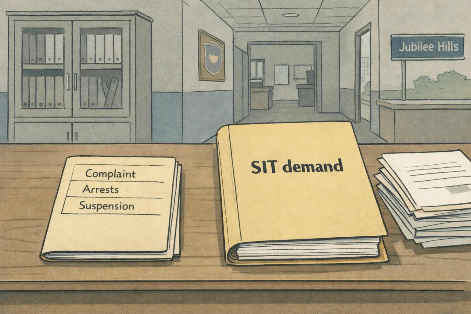 A thin case file labelled with a complaint, arrests and suspension sits beside a larger unopened SIT-demand folder on a records table in a subdued Hyderabad government office.