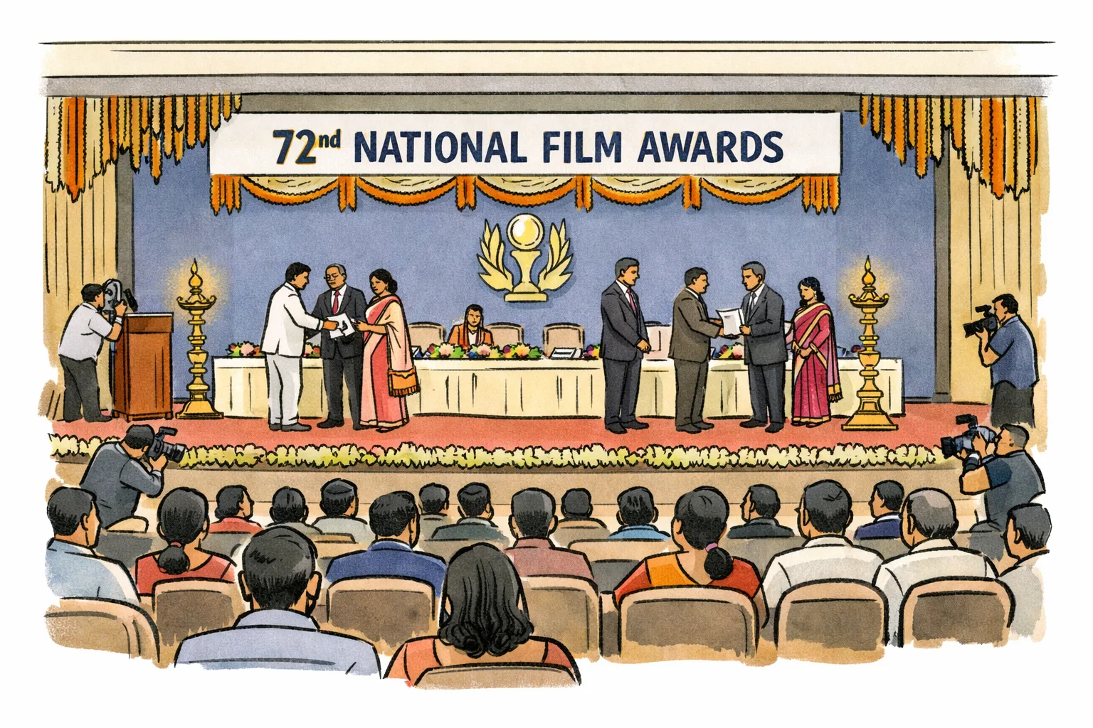 A formal National Film Awards ceremony stage at Ekta Nagar with event branding, ceremonial lighting and seated attendees.