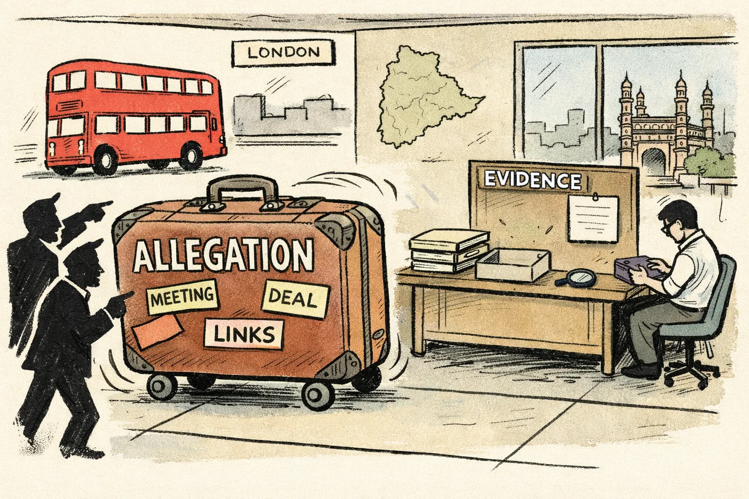 An oversized suitcase labelled allegation travels through a London airport scene while an empty evidence desk in a Telangana political office waits with blank files.
