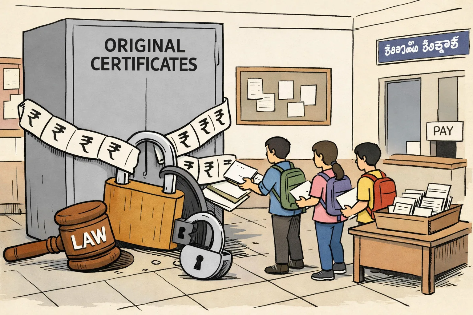 Anonymous students receive certificates from an opened college cupboard beside a large fee bill and a law-marked gavel, with a separate tray for lawful fee recovery.