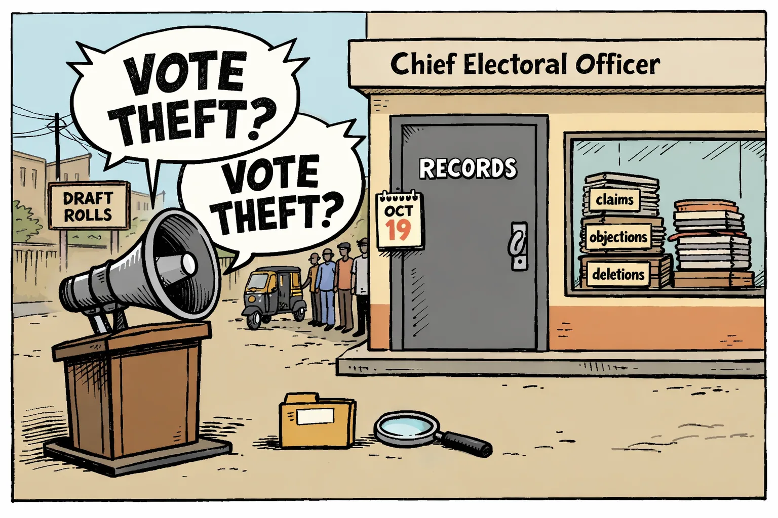 A loudspeaker marked "VOTE THEFT?" stands outside a Telangana election office while a locked records room holds files labelled claims, objections and deletions.