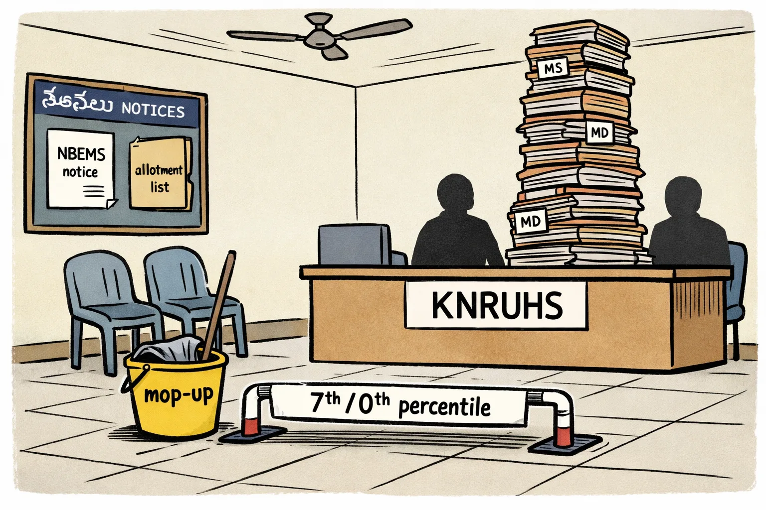 A Telangana medical counselling desk shows a huge lowered goalpost labelled with a small qualifying score, while a stack of postgraduate medical seat files remains piled behind a counter marked KNRUHS; a mop and bucket sit beside the files.
