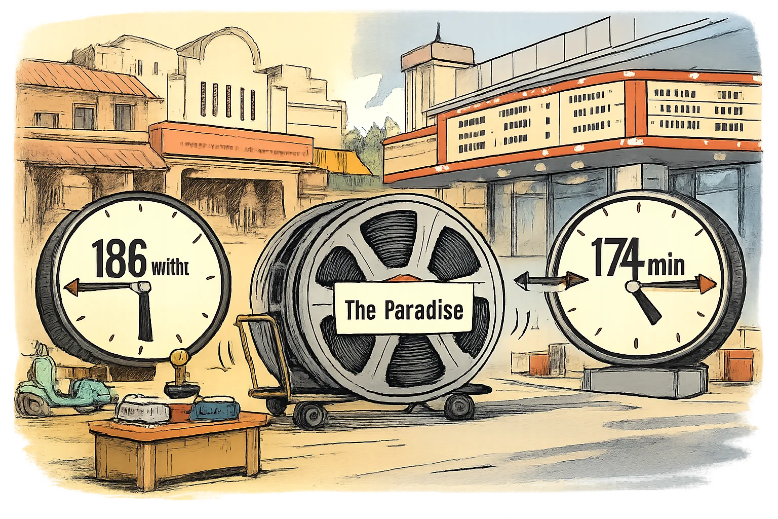 A film reel travelling from a vintage Secunderabad cinema toward Australian multiplexes is trapped between two clocks showing 186 minutes and 174 minutes.