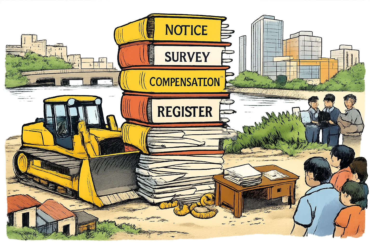 A large bulldozer beside the Musi River is blocked by a towering stack of files labelled notice, survey, compensation and register, with proposed commercial buildings in the background.