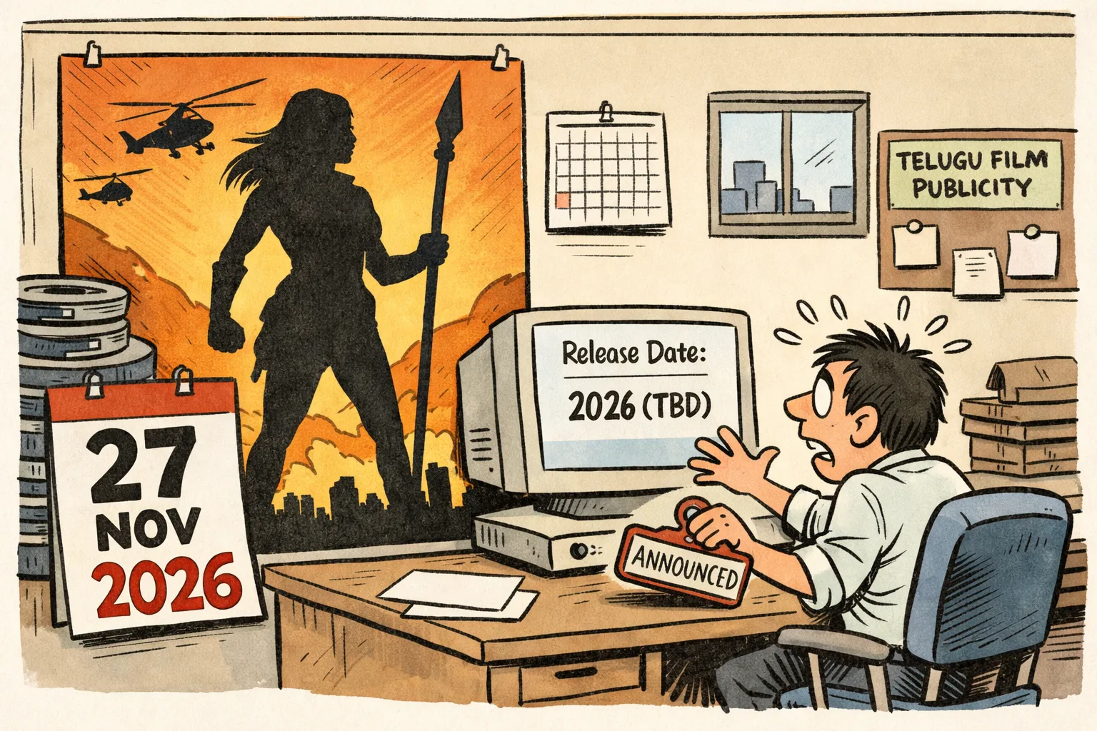 A film publicity office shows a dramatic release poster marked 27 November 2026 beside a computer screen listing the date as 2026 TBD.