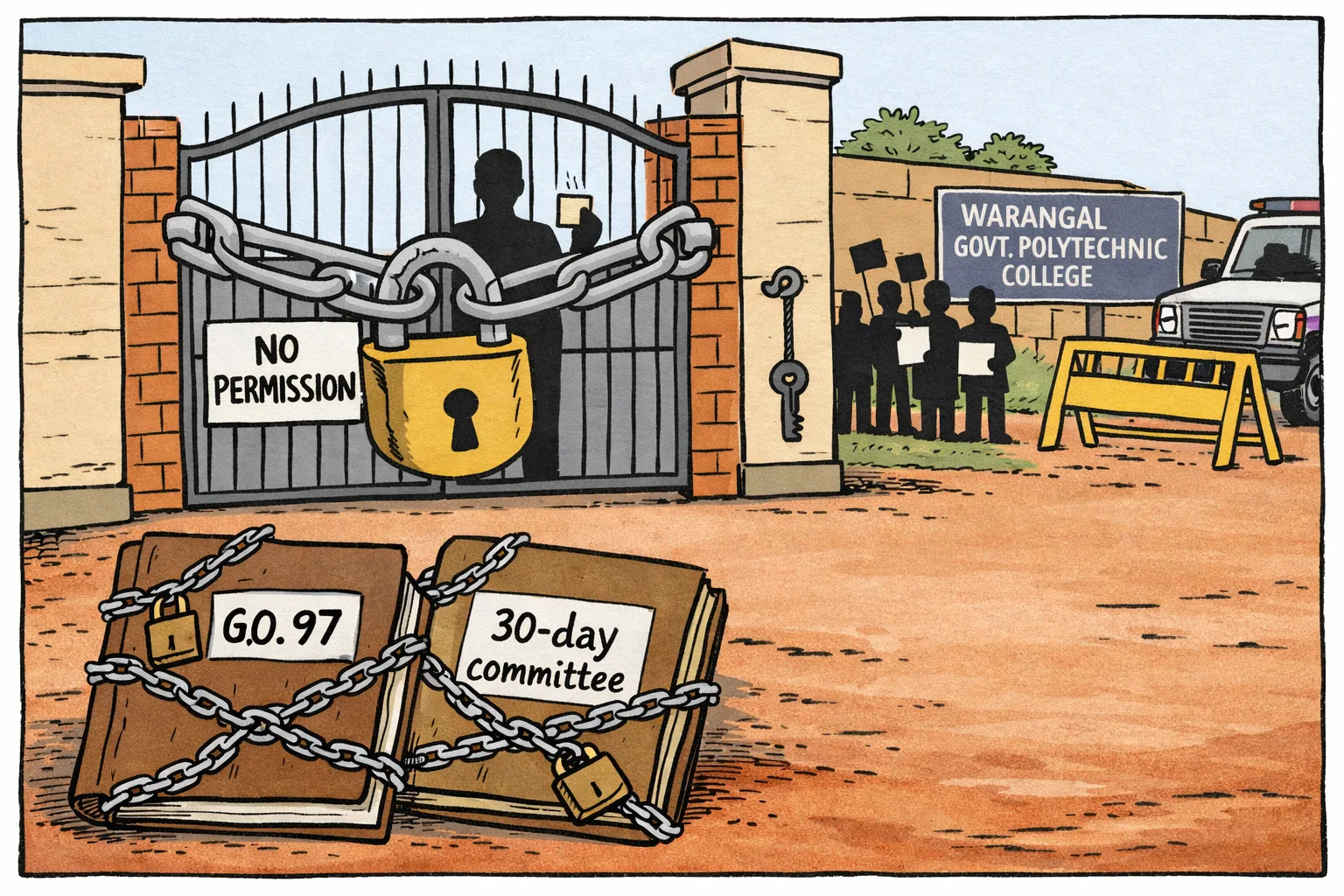 A locked residential gate with a large padlock reading “NO PERMISSION”; sealed files marked “G.O. 97” and “30-day committee” sit outside, with student silhouettes and a college wall in the background.