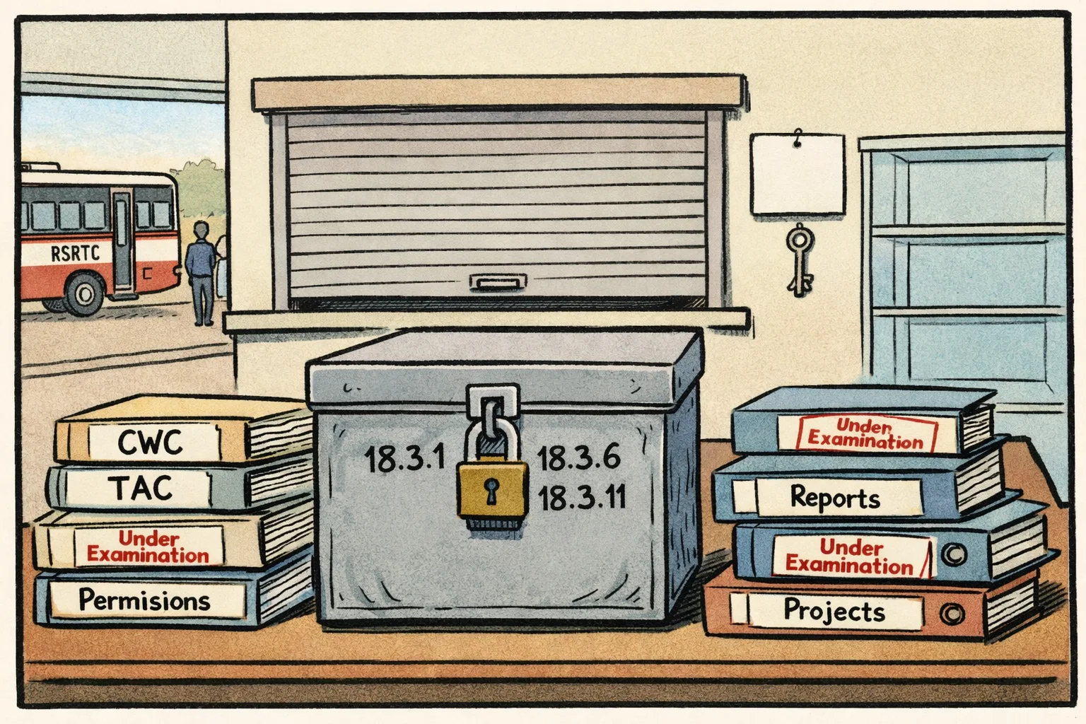 A large locked file marked with agenda numbers 18.3.1, 18.3.6 and 18.3.11 sits behind a shuttered public-information window, while folders labelled CWC appraisal and TAC scrutiny gather dust on a Telangana office desk.