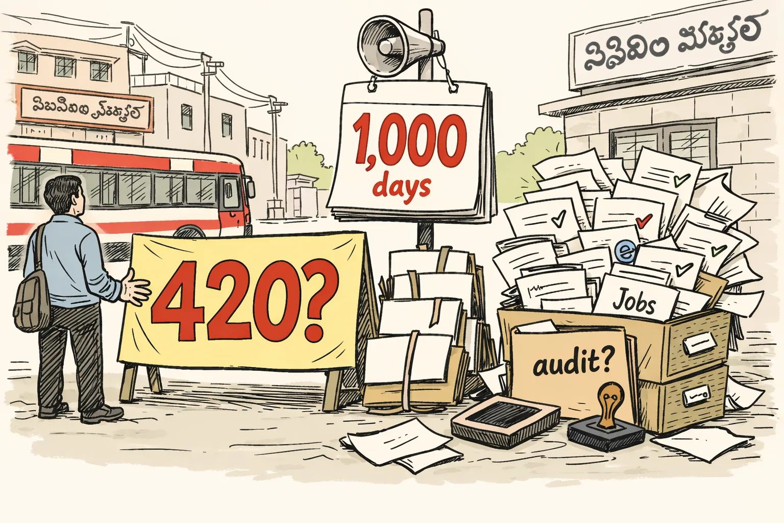 A giant banner marked “420?” and a calendar marked “1,000 days” stand beside an overflowing government file cabinet, with checked and unchecked papers and a TSRTC bus in the background.