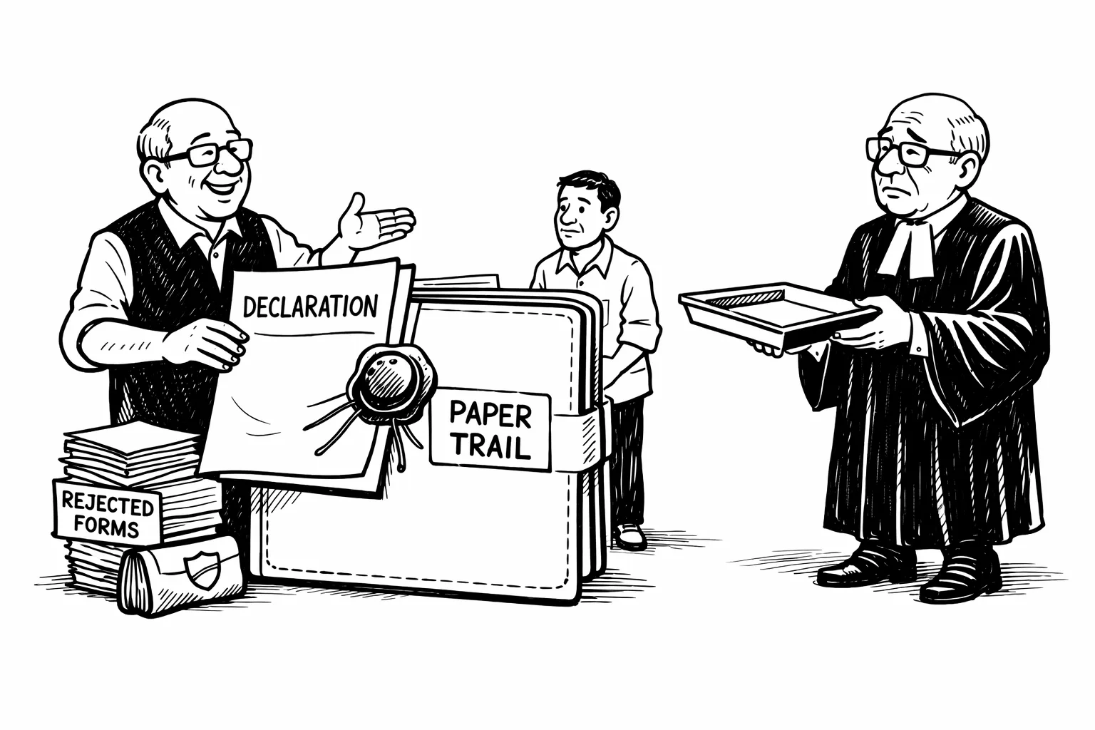 An Election Commission official gestures toward a loose declaration clipped to a large election file while a Supreme Court judge holds out an empty evidence tray; a Telangana voter waits beside rejected Form 7 papers and a police-record folder.