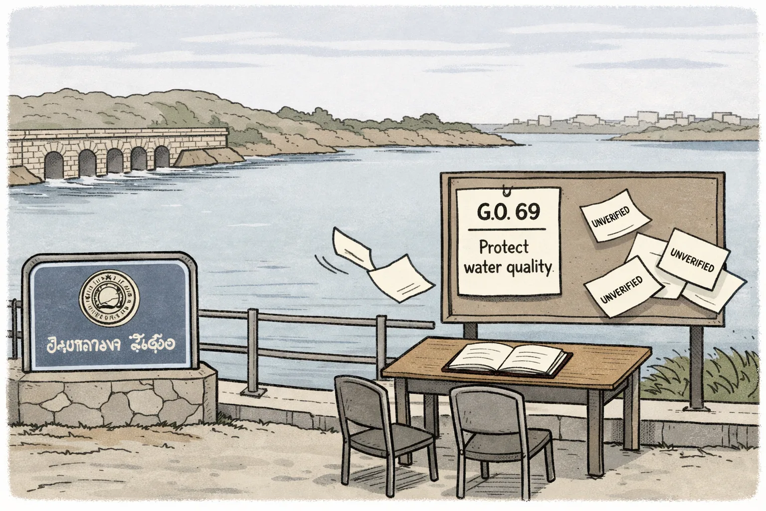 A quiet illustration of Hyderabad reservoir infrastructure with a small official desk, an open logbook, and a noticeboard displaying a brief water-quality protection order while loose unverified papers drift nearby.