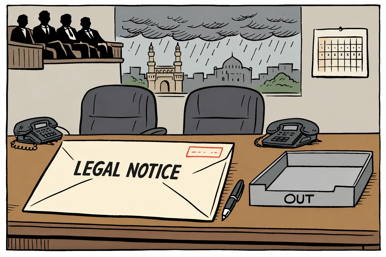 A large legal notice lies on a desk beside an unanswered telephone and two empty chairs marked with generic office files, while rain clouds hang over a Telangana political office and a BJP-branded spectator box watches from the background.
