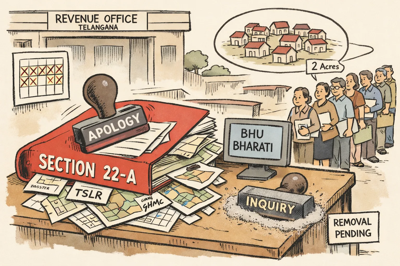 A giant Section 22-A land-record file sits on a revenue-office desk with an apology stamp, while an inquiry stamp gathers dust and property owners wait beside a long paperwork queue.