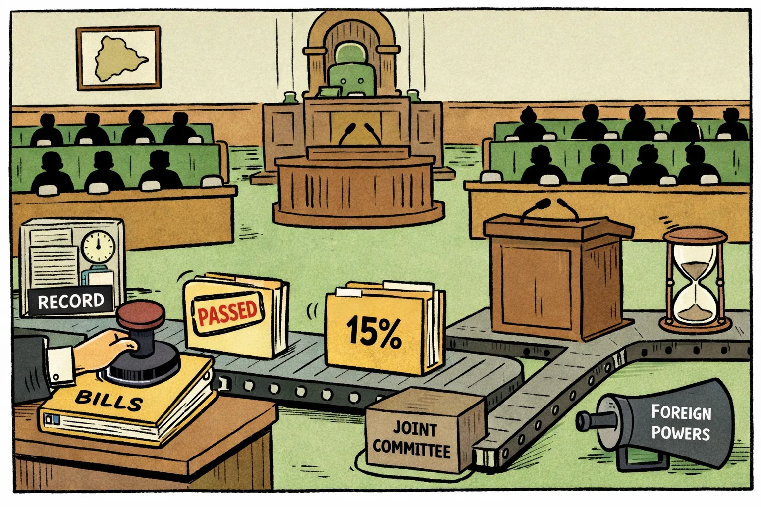 A cartoon Parliament chamber shows a conveyor belt rushing labelled Bills past silent benches while a minister stamps them passed; an evidence folder and a side cabinet marked Joint Committee sit nearby.