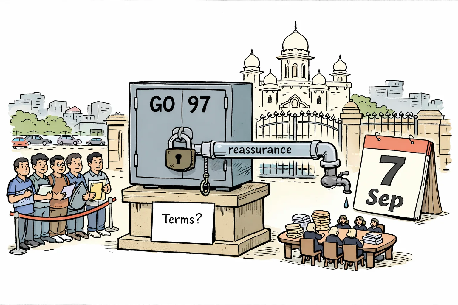 A locked file cabinet marked GO 97 stands outside the Telangana Secretariat, connected to a dripping pipeline labelled reassurance, while polytechnic students, a small committee and a large 7 September calendar wait nearby.