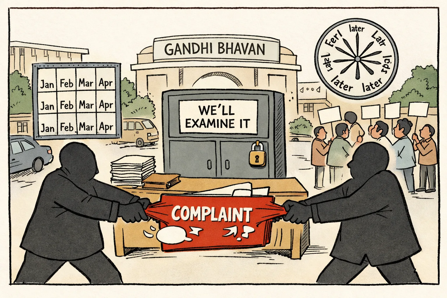 Outside Gandhi Bhavan, two anonymous figures pull an empty complaint file in opposite directions beside a locked cabinet labelled “We’ll examine it,” while a clock points repeatedly to later.