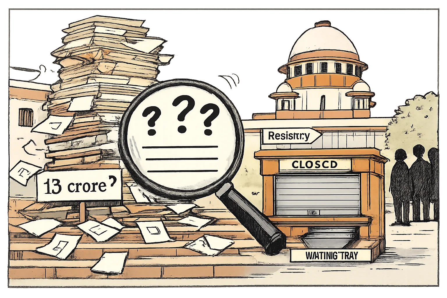 A huge stack of voter-roll files marked “13 crore?” waits beside a closed registry counter outside a stylised Supreme Court building, with loose forms and a magnifying glass showing question marks.
