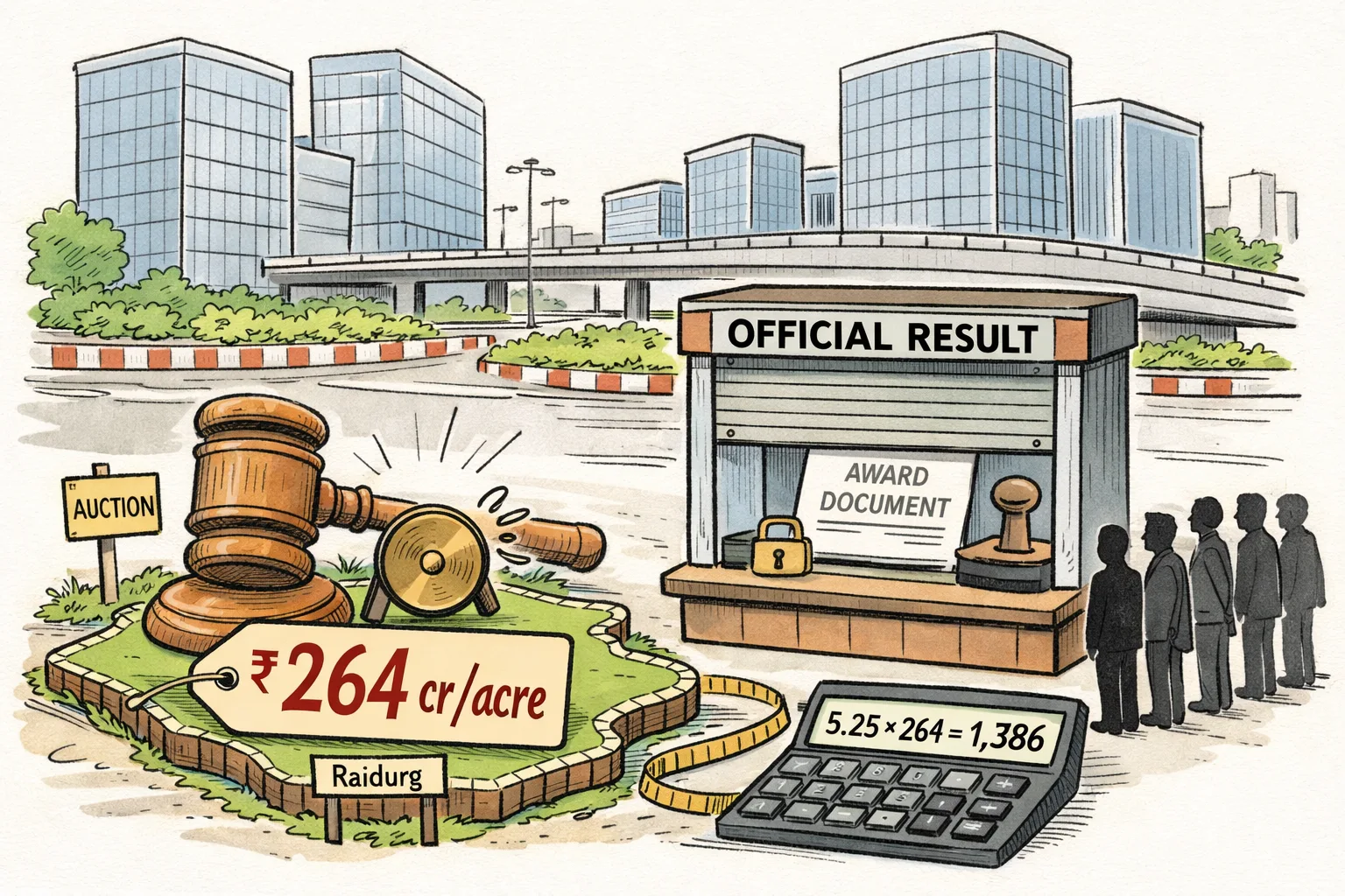 A giant ₹264 crore per acre price tag and auction hammer stand over a Raidurg plot, while an official result document remains behind a locked records counter.
