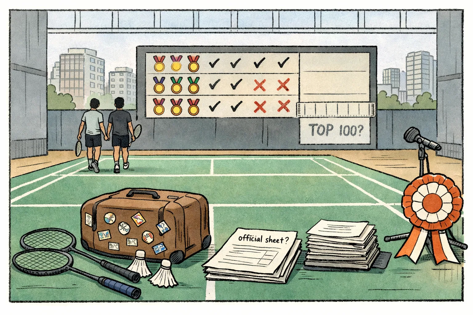 Two badminton rackets rest beside a scoreboard marked with a question mark, while a suitcase, tournament entry papers and a Telangana map sit on a court marked with lines leading toward a distant top-100 sign.