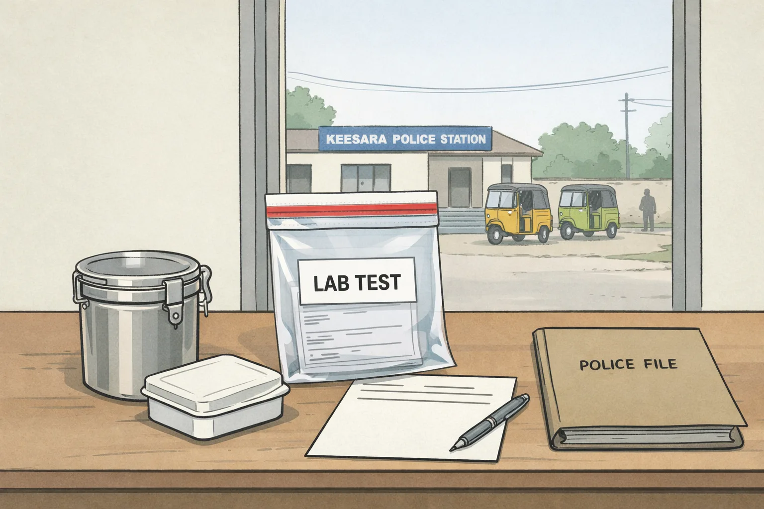 A sealed food-sample container and a paper marked for laboratory testing sit on a desk beside an unopened police file, while two covered autorickshaws wait outside a Keesara police station in the background.