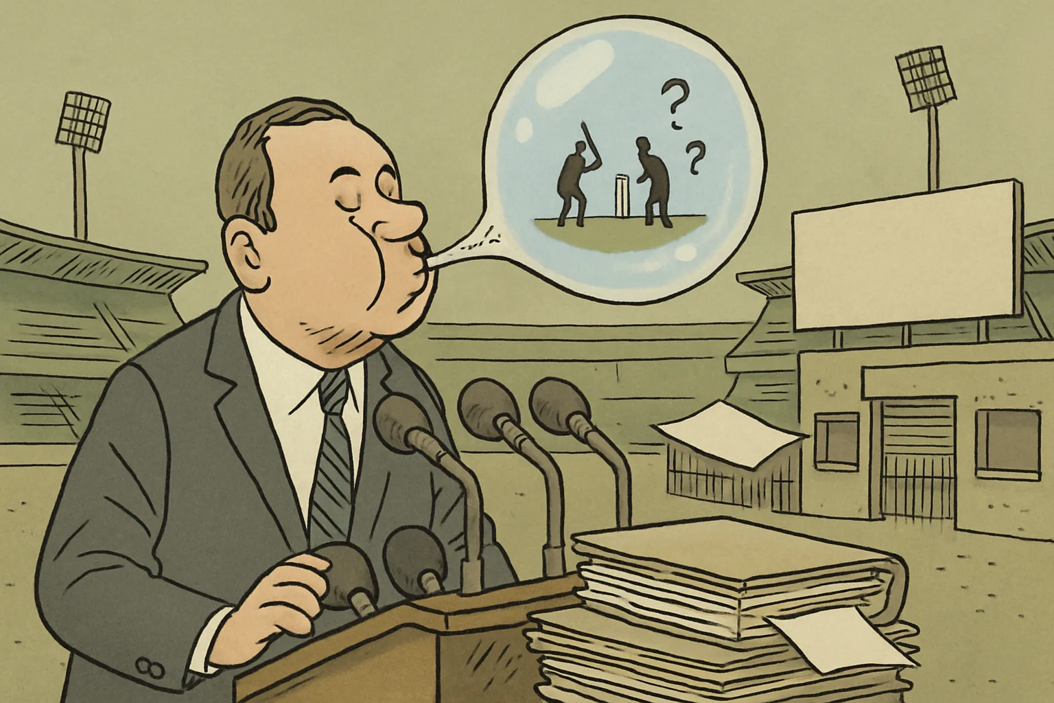 Cartoon of a suited cricket administrator at a lectern blowing a soap bubble containing a tiny, faint cricket match; the bubble drifts away toward an empty, locked stadium with a blank hoarding, while a file folder on the lectern sits open and empty.