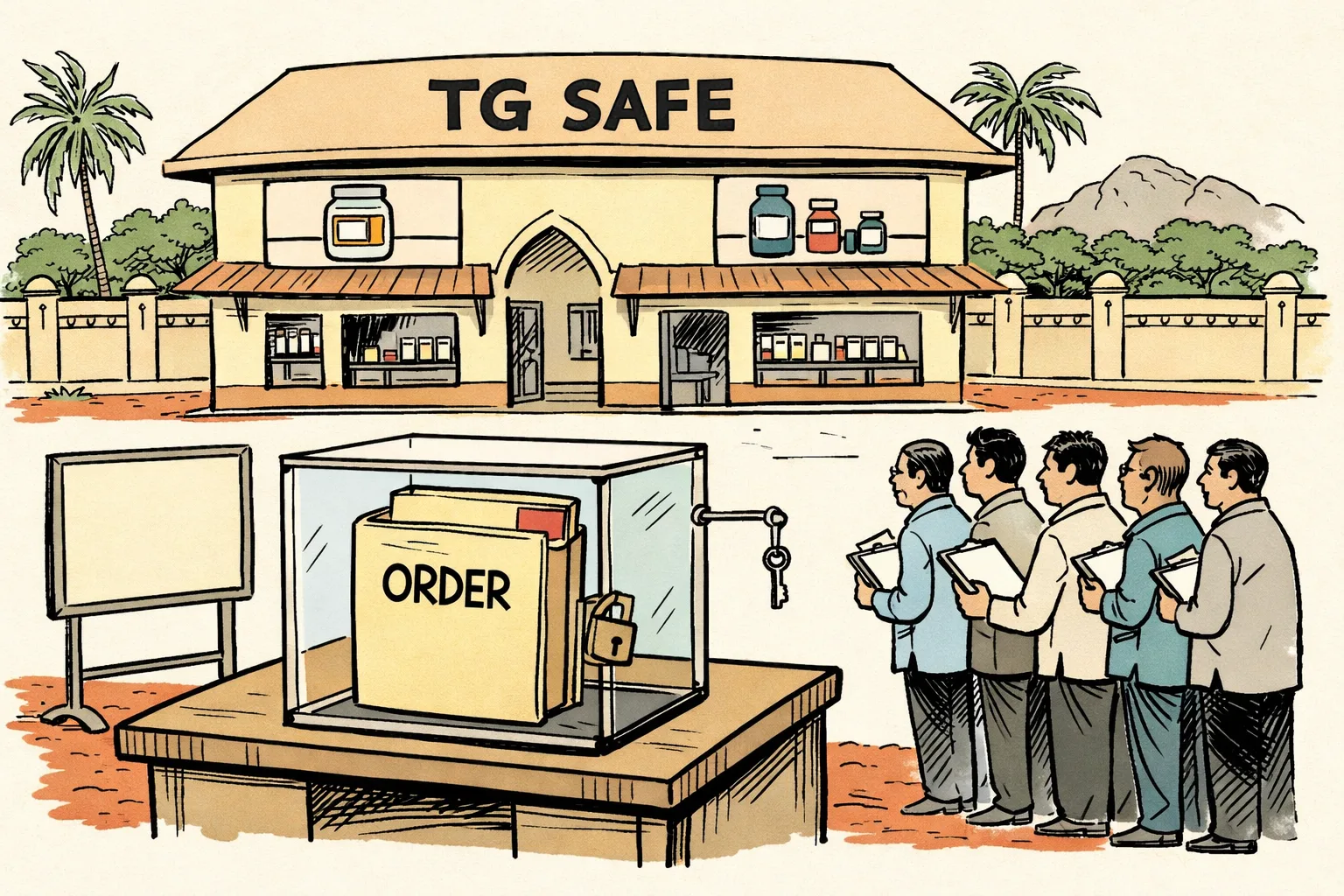 A Telangana government office building with a large roof labelled “TG SAFE” covering two adjoining laboratory rooms, while a sealed official file sits on a desk outside and inspectors wait beside an empty noticeboard.